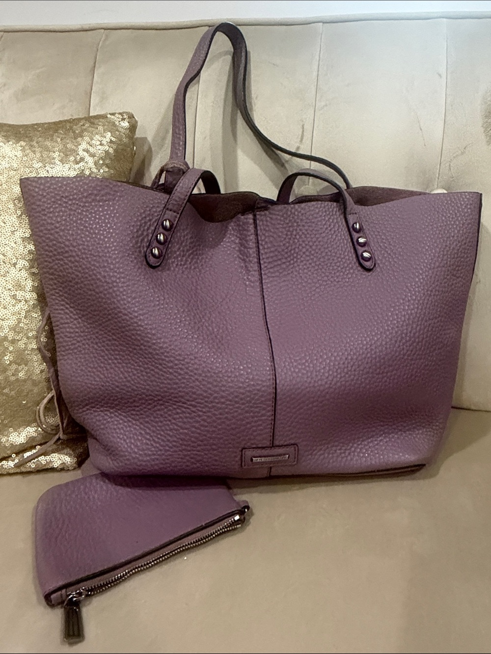 Rebecca Minkoff Dusty Lavender Pebbled Leather Tote with Zip Pouch - Picture 2 of 10